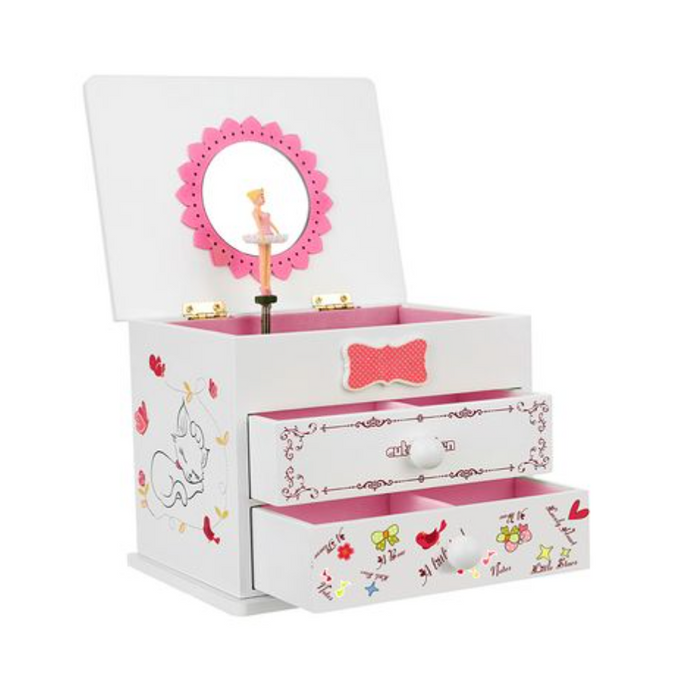 Nancy's Clermont Sieradenkistje - Muziekdoos - Ballerina - Spiegel - Kinderen - Wit - Roze - 15 x 11,5 x 12,3 cm