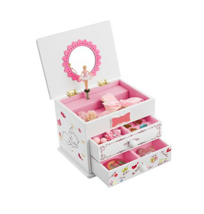 Nancy's Clermont Sieradenkistje - Muziekdoos - Ballerina - Spiegel - Kinderen - Wit - Roze - 15 x 11,5 x 12,3 cm