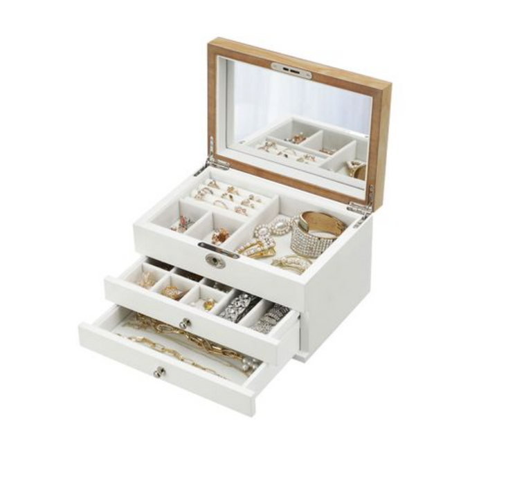 Nancy's Haldimand Juwelendoos - Sieraden Organizer - Spiegel - Hout - Lades - 3 Niveaus - Wit - 24,5 x 17 x 14,5 cm