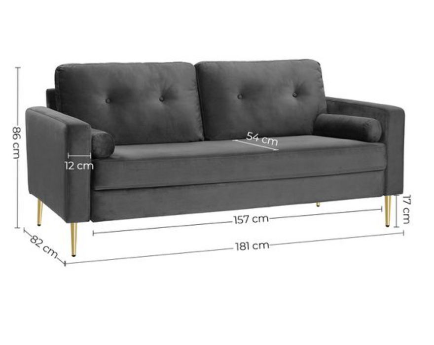 Nancy's Clive Bank - Sofa - 2-Zits - Rugkussens - Metaal - Fluweel - Eucalyptushout - Grijs - 181 x 82 x 86 cm