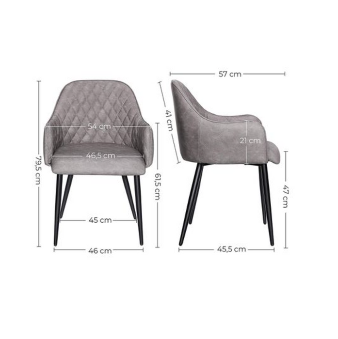 Nancy's Cloutier Eetkamerstoelen - Set Van 2 - Fauteuil - Gestoffeerd - Armleuningen - Grijs - Zwart - Metaal - PU - 54 x 57 x 79,5 cm