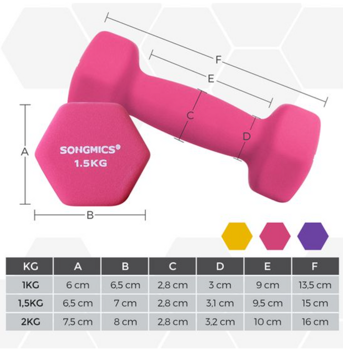 Nancy's Conquerall Halterset - 6 Halters - Hexagon - Dumbbellset - 2 x 1 kg - 2 x 1.5 kg - 2 x 2 kg