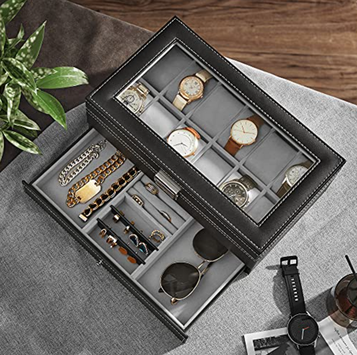 Nancy's Cyrville Horlogebox - Horloge Organizer - 2 Niveaus - 12 Vakken - 1 Lade - Glazen Deksel - Zwart - Kunstleer - 32,5 x 19,5 x 11,5 cm