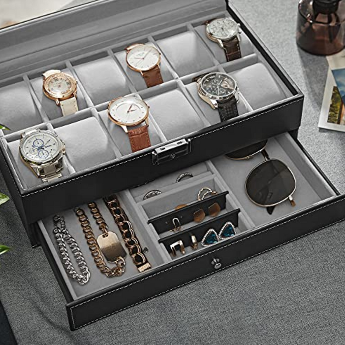 Nancy's Cyrville Horlogebox - Horloge Organizer - 2 Niveaus - 12 Vakken - 1 Lade - Glazen Deksel - Zwart - Kunstleer - 32,5 x 19,5 x 11,5 cm