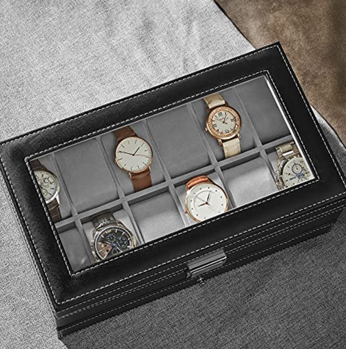 Nancy's Cyrville Horlogebox - Horloge Organizer - 2 Niveaus - 12 Vakken - 1 Lade - Glazen Deksel - Zwart - Kunstleer - 32,5 x 19,5 x 11,5 cm