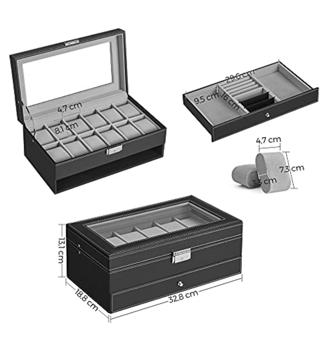 Nancy's Cyrville Horlogebox - Horloge Organizer - 2 Niveaus - 12 Vakken - 1 Lade - Glazen Deksel - Zwart - Kunstleer - 32,5 x 19,5 x 11,5 cm