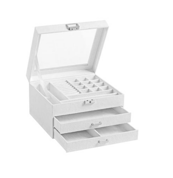 Nancy's Ilderton Sieradendoos - Sieraden Organizer - Sieradenopslag - 2 Lades - Glazen Deksel - Wit - Fluweel -  23,2 x 20,5 x 14 cm