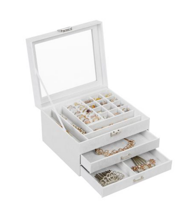 Nancy's Ilderton Sieradendoos - Sieraden Organizer - Sieradenopslag - 2 Lades - Glazen Deksel - Wit - Fluweel -  23,2 x 20,5 x 14 cm