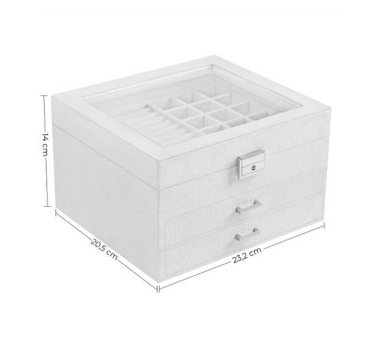 Nancy's Ilderton Sieradendoos - Sieraden Organizer - Sieradenopslag - 2 Lades - Glazen Deksel - Wit - Fluweel -  23,2 x 20,5 x 14 cm