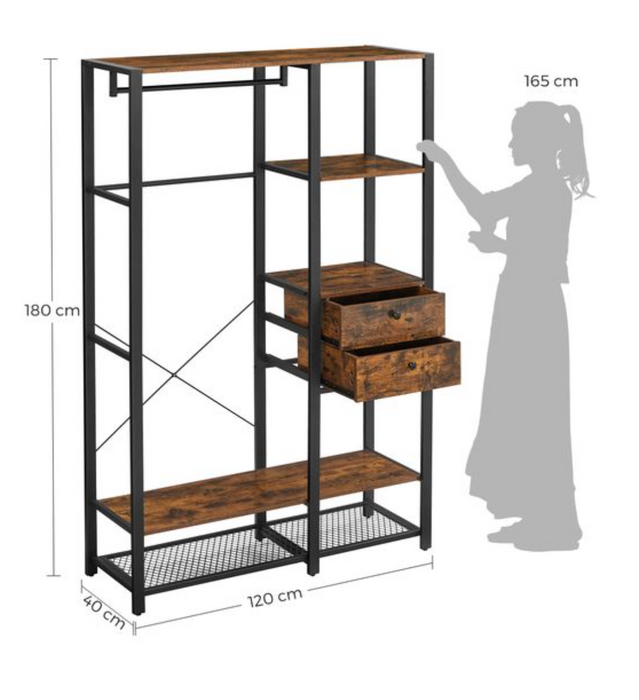 Nancy's Dill Kledingrek - Kledingkast - Industrieel - 2 Lades - Kledingstang - Bewerkt Hout - Metaal - Bruin - Zwart - 120 x 40 x 180 cm