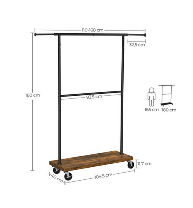 Nancy's Jacola Kledingrek - Kledingstang - Op Wieltjes - Industrieel - Bewerkt Hout - Metaal - Bruin - Zwart -  (110-168) x 40 x 180 cm