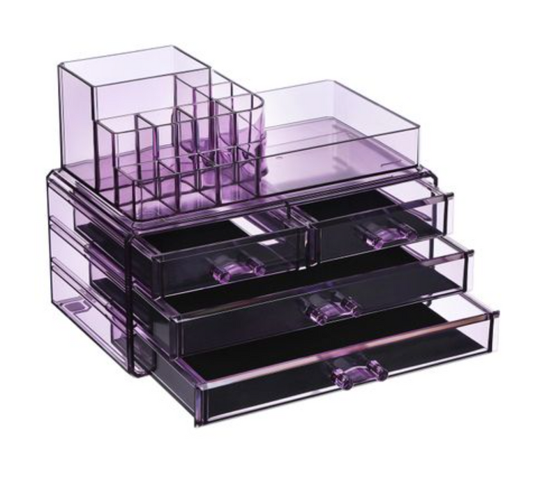 Nancy's James Make-Up Opslag - Make-Up Organizer - Cosmetisch - 3 Lades - Transparant - Open Vakken - Paars - 24 x 13,5 x 18,5 cm