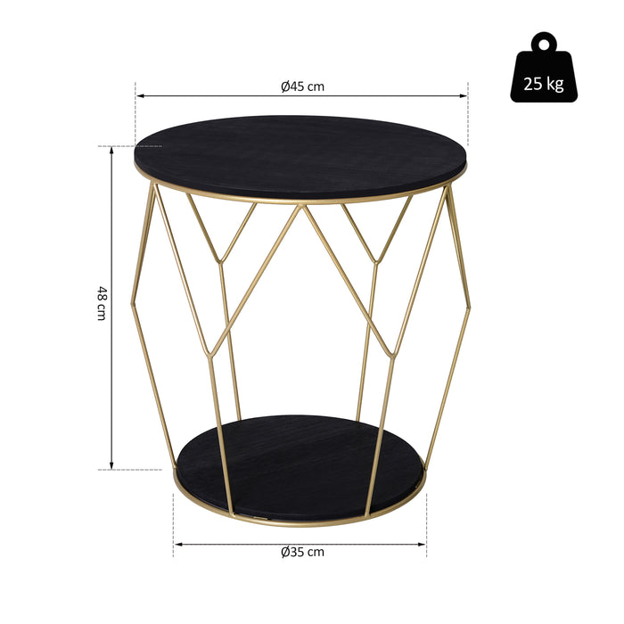 Medina Copiague Salontafel - Bijzettafel - Opbergruimte - Mandvorm - Nachtkastje - Metaal - MDF - Zwart - Goud - 45 x 45 x 48 cm