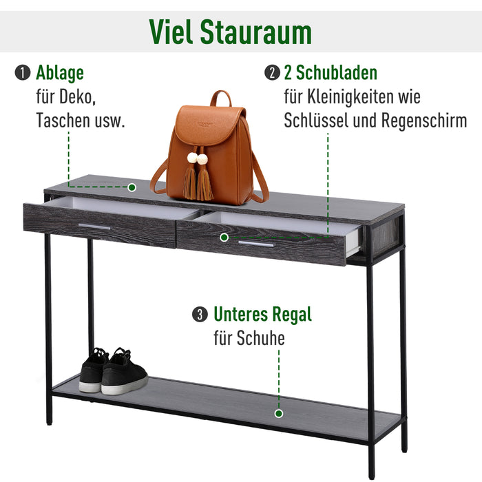 Medina Portland Consoletafel - Bijzettafel - 2 Lades - Open Plank - 120 x 30 x 81.5 cm - Staalgrijs - Staal - Bewerkt Hout