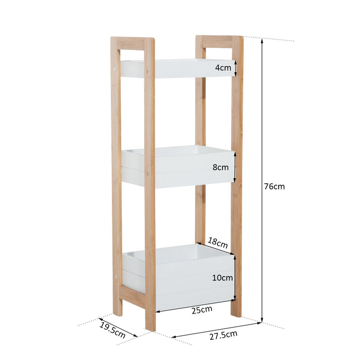 Medina Lynwood Badkamerkast - Opbergkast - 3 Niveaus - Bruin - Wit - Bamboe - 3 Opbergvakken - 27.5 x 20.8 x 74 cm